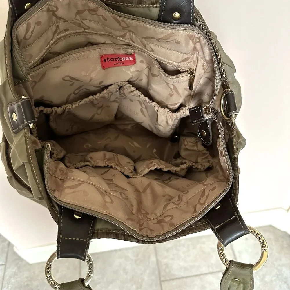 STORKSAK Baby Diaper Bag Tan Multiple Pockets Zip Up Adj Strap Gender Neutral